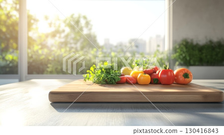Colorful bell peppers and ripe tomatoes resting alongside fresh parsley on a wooden cutting board in a bright, modern kitchen bathed in natural sunlight 130416843