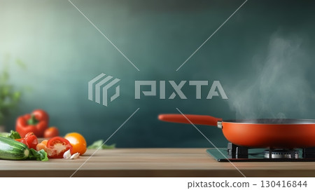 Modern kitchen scene featuring a steaming frying pan on a cooktop, with fresh vegetables arranged on the wooden countertop, creating a warm and inviting culinary atmosphere 130416844
