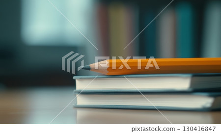 Orange pencil lies on a stack of books, with a blurred library bookshelf in the background, creating a concept of education, knowledge, and studying 130416847