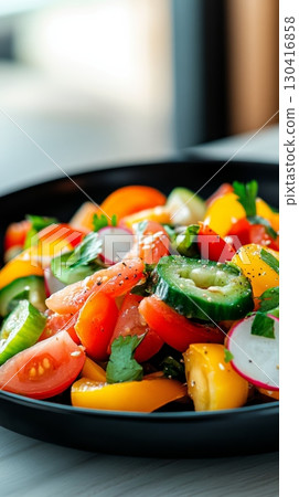 Colorful summer salad featuring ripe tomatoes, crisp cucumbers, crunchy radishes, and fresh parsley, seasoned with black pepper in a stylish black bowl 130416858