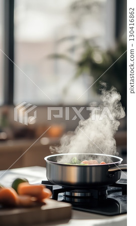 Stainless steel pot with steaming vegetables sits on a modern induction stove in a brightly lit kitchen, carrots on a wooden cutting board in the foreground 130416862