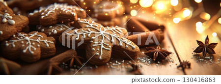 Delicious christmas gingerbread cookies decorated with icing and spices create a warm and festive atmosphere on a wooden table illuminated by golden bokeh lights Delicious christmas gingerbread cookies decorated with icing and spices create a warm and festive atmosphere on a wooden table illuminated by golden bokeh lights 130416863