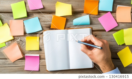 Businessman writing notes in a notebook with a pencil while surrounded by colorful sticky notes on a wooden desk, capturing a moment of planning and brainstorming from a top view Businessman writing notes in a notebook with a pencil while surrounded by colorful sticky notes on a wooden desk, capturing a moment of planning and brainstorming from a top view 130416915