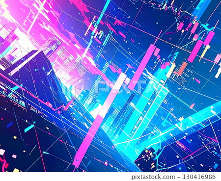 A cyberpunk landscape with stock charts and dancing digital patterns that evoke the pulse of a digital city. 130416986