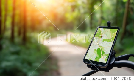 Smartphone displaying a navigation map mounted on a bicycle handlebar, illuminated by sunlight filtering through the trees along a forest path, utilizing online maps and gps tracking for direction 130417038