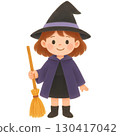 Cute Little Witch with Broom Halloween Illustration, Witch with a broomstick on a white background.  130417042