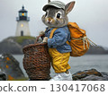 A rabbit wearing a blue denim shirt, yellow pants, and a hat carrying a backpack and a rattan basket by the beach with a lighthouse at the background. 130417068