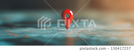 Red location pin hovering above a map, representing a specific place while symbolizing navigation, travel, and the convenience of online mapping services 130417257