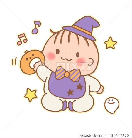 圖:身穿萬聖節服裝的嬰兒正在玩南瓜撥浪鼓 圖:身穿萬聖節服裝的嬰兒正在玩南瓜撥浪鼓 130417270