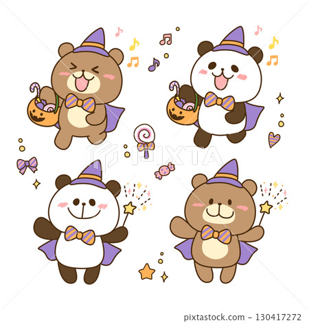 Children's character illustration of a Halloween bear and panda wearing witch hats Children's character illustration of a Halloween bear and panda wearing witch hats 130417272