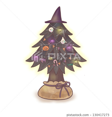 Watercolor illustration of a Halloween tree with a witch's hat and decorations 130417273