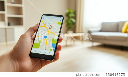 Close up of hand holding smartphone displaying gps navigation map application with red pinpoint, blurred living room background provides context of location services usage 130417275