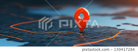 Red push pin indicating a specific location on a futuristic interactive online map with glowing orange route lines, providing a visual representation of navigation and global positioning 130417284