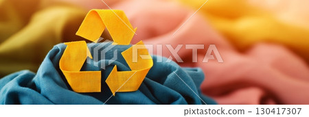 Yellow recycling symbol resting on blue fabric, highlighting eco conscious practices in the textile industry and promoting sustainable consumption through reuse and repurposing 130417307