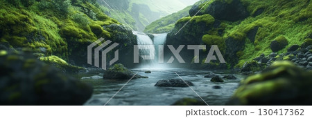 Cascading crystal clear water flows over mossy rocks, creating a picturesque waterfall in a serene landscape that highlights the beauty of unspoiled nature 130417362