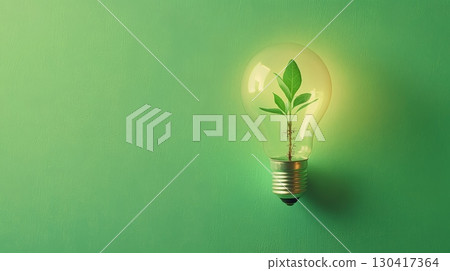 Small sprout growing inside a lit lightbulb on a green background promoting eco friendly practices and sustainable energy solutions for a greener future 130417364