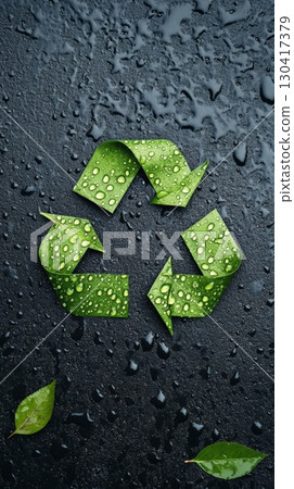 Green leaves forming a recycling symbol on a dark wet surface symbolize environmental conservation and sustainable practices, highlighting waste management and eco conscious initiatives 130417379