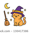 Cute Halloween cat illustration in witch hat with broom moon and stars 130417386