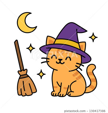 Cute Halloween cat illustration in witch hat with broom moon and stars 130417386
