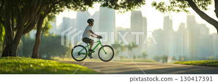 Young man enjoying a leisurely bike ride through a lush city park, embracing sustainable transportation against a backdrop of modern skyscrapers 130417391