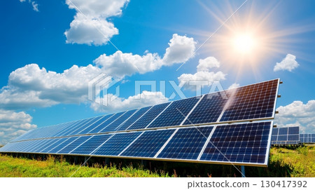 Rows of solar panels are converting sunlight into sustainable electricity under a bright sun and a cloudy sky, promoting renewable energy and eco friendly practices for a greener future 130417392