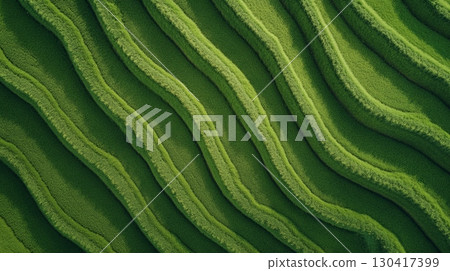 Aerial view of vibrant green rice terraces forming mesmerizing wavy patterns, showcasing sustainable agriculture and eco friendly farming practices in a breathtaking natural landscape 130417399
