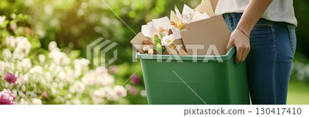 Gardener holding green composter container with cardboard and flower waste, promoting sustainable waste management and eco friendly practices in a blooming garden 130417410