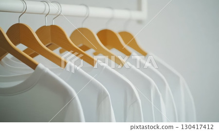 Promoting sustainable fashion, several white t shirts hang on wooden hangers in a minimalist wardrobe, emphasizing eco conscious clothing choices and ethical consumerism 130417412