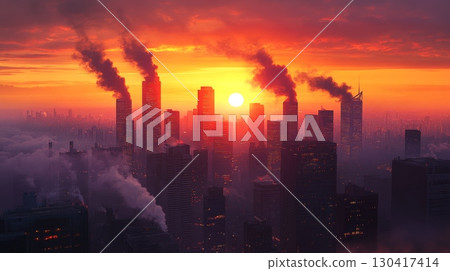 Dark smoke rising from industrial chimneys covering buildings in a cityscape during a vibrant sunset, symbolizing environmental damage and air pollution 130417414
