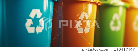 Colorful recycling bins stand side by side, each displaying the universal recycling symbol, emphasizing the importance of eco conscious waste disposal and a sustainable lifestyle 130417447