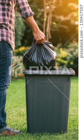 Homeowner throwing a black garbage bag into a gray trash can in a green backyard, promoting responsible waste management and eco conscious living 130417507