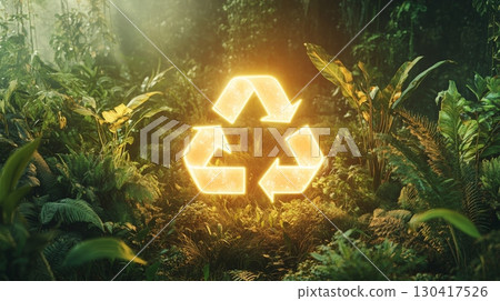 Illuminating a vibrant tropical rainforest, a radiant recycling symbol promotes environmental awareness and highlights the connection between waste management and ecological preservation 130417526
