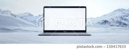 Modern laptop computer displaying a blank screen is placed on snow in a breathtaking mountain landscape, offering a perfect mockup for design projects Modern laptop computer displaying a blank screen is placed on snow in a breathtaking mountain landscape, offering a perfect mockup for design projects 130417633