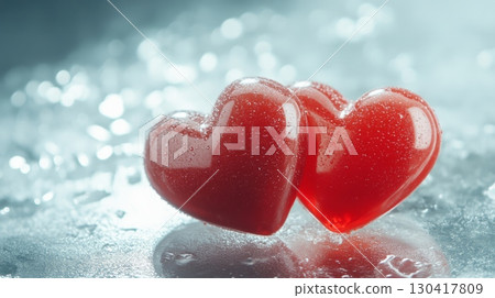 Two wet red hearts are laying on a reflective surface covered with water droplets, creating a romantic atmosphere perfect for valentine's day, anniversaries, or declarations of love 130417809