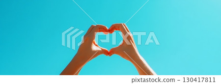Woman making heart shape with hands against blue sky in a sunny day, expressing love, care, togetherness and bonding, perfect image for valentine's day, mother's day or woman's day Woman making heart shape with hands against blue sky in a sunny day, expressing love, care, togetherness and bonding, perfect image for valentine's day, mother's day or woman's day 130417811