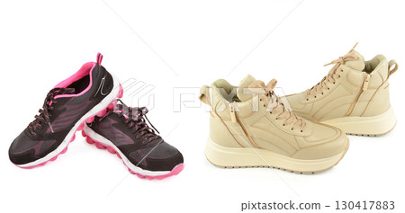Sports shoes isolated on white background. Collage. Sports shoes isolated on white background. Collage. 130417883