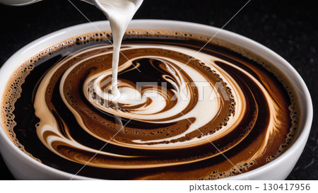 A lively close-up of milk being poured into coffee and swirling around 130417956
