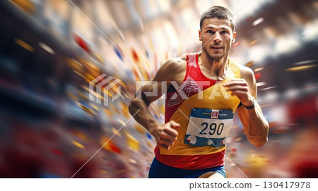 Running athlete. Victory. Olympic Games. generative ai. 130417978