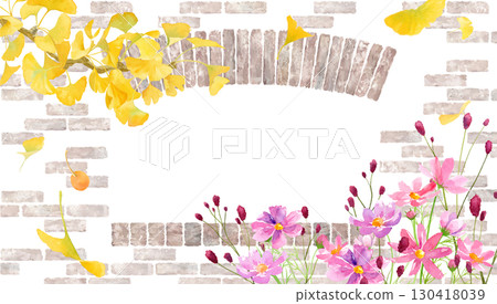 Watercolor illustration of ginkgo, cosmos and burnet against the background of a brick wall and window. Autumn natural frame 130418039