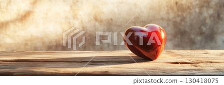 Red heart shaped object sitting on a rustic wooden surface, illuminated by warm sunlight, creating a romantic atmosphere perfect for valentine's day or a declaration of love 130418075