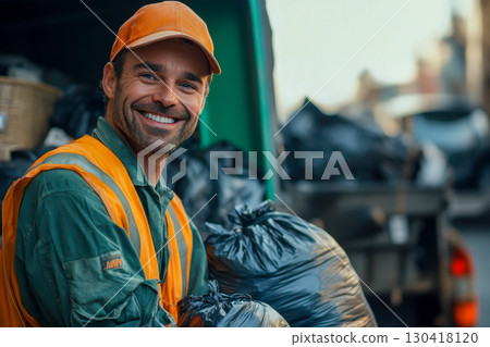 Smiling male refuse worker wearing orange uniform and safety vest posing outdoors with black garbage bags and collection truck. 130418120