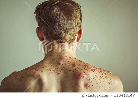 Rear view of a person's upper back and shoulders. Skin covered in numerous red spots. Showing a rash, possible acne or chickenpox. Rear view of a person's upper back and shoulders. Skin covered in numerous red spots. Showing a rash, possible acne or chickenpox. 130418147