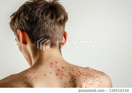 Unidentified person's back with numerous red skin spots. Visible rash on shoulders and neck. Medical dermatology condition concept. Unidentified person's back with numerous red skin spots. Visible rash on shoulders and neck. Medical dermatology condition concept. 130418148
