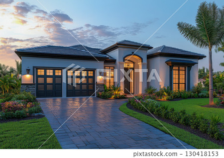 Elegant modern luxury home exterior at twilight. Illuminated facade, beautiful landscaping, green lawn, paver driveway, warm glowing lights. Tropical setting. 130418153