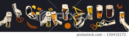 Trendy halftone collage elements set. Cut out hands holding glasses and beer mug and doodle snacks, pretzel, popcorn, cracker, french fries. Modern retro vector illustration for mixed media design 130418172