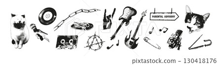 Monochrome grunge stickers set with retro stipple photocopy effect. Punk rock elements with cats, guitars, cassette tape, microphone, chains and edgy symbols for posters, merch, cover and print design Monochrome grunge stickers set with retro stipple photocopy effect. Punk rock elements with cats, guitars, cassette tape, microphone, chains and edgy symbols for posters, merch, cover and print design 130418176