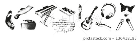 Trendy grunge punk set in retro stipple photocopy style. Perfect design elements for music posters, flyers, album covers, DIY zines and creative projects. Modern retro vector illustration isolated 130418183