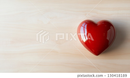 Glossy red heart shape is lying on a light wooden table, creating a romantic and minimalist image ideal for valentine's day, women's day or spring celebrations 130418189