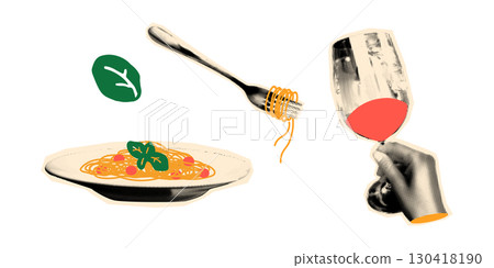 Trendy halftone collage elements set Italian pasta, spaghetti with tomato and basil leaf, hand holding glass of red wine stickers with vintage dot texture and doodles. Modern retro vector illustration 130418190