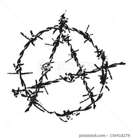 Anarchy symbol. Black letter A as anarchism sign made of barbed wire with grunge gritty halftone stipple texture. Vector illustration isolated on transparent background 130418279